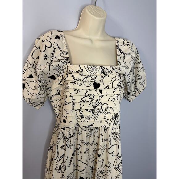 Japna Square Neck Puff Sleeve Midi Dress Black Cream Floral Women's M - Picture 2 of 15